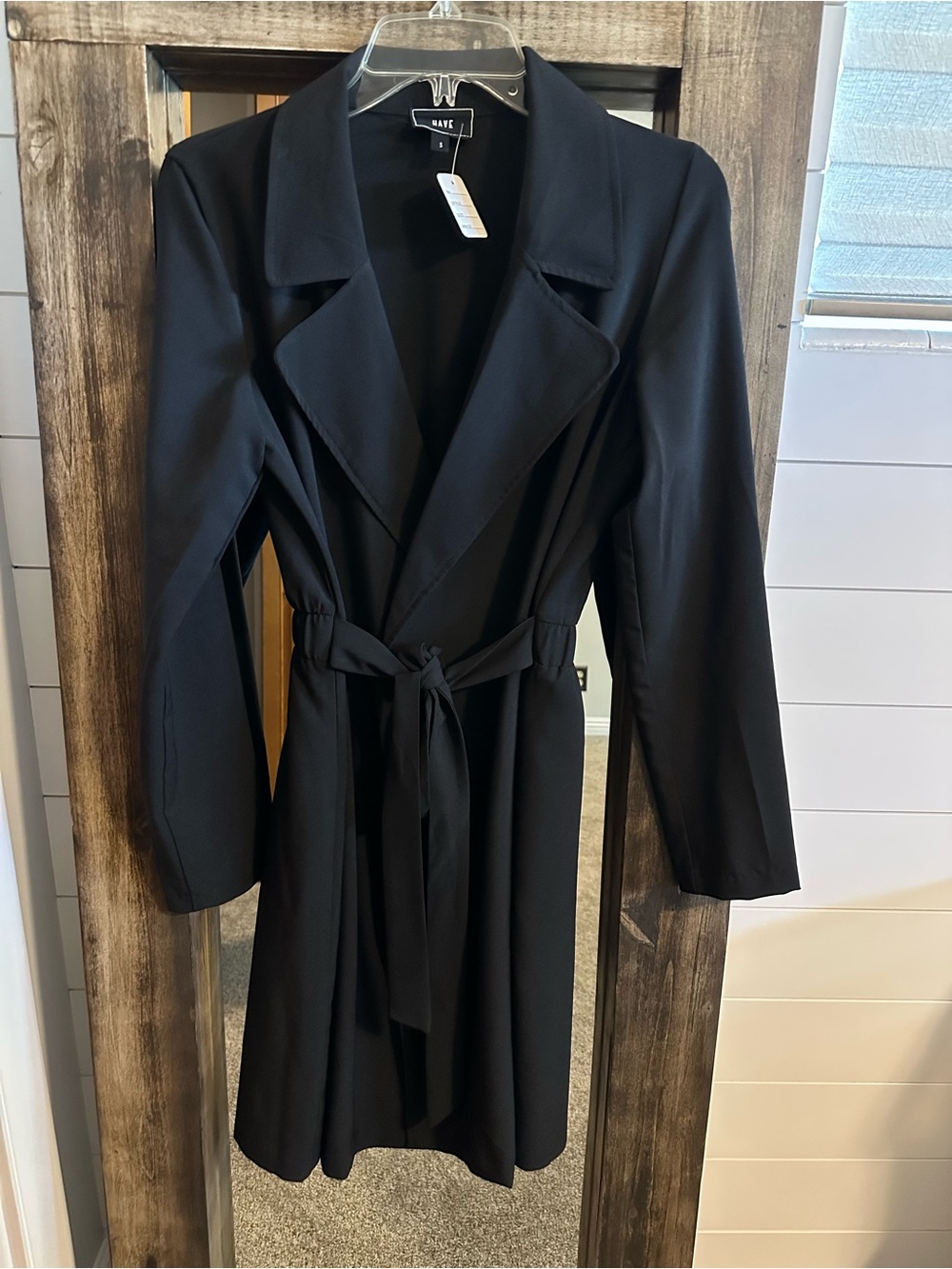 HAVE Womenโs Small Black Trench Coat Jacket dress Belted Lightweight Longline